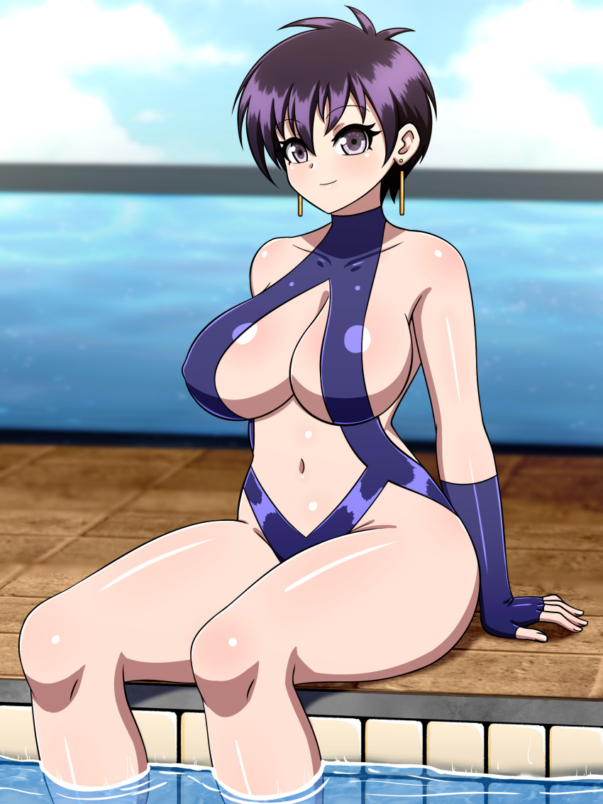 absurdres arm_support bare_shoulders black_hair blue_gloves blue_one-piece_swimsuit breasts cleavage_cutout clothing_cutout covered_nipples earrings female fingerless_gloves gloves grey_eyes heart heart_earrings highres jewelry large_breasts meryl_stryfe navel one-piece_swimsuit partially_submerged pool shiny_skin short_hair sitting sky smile solo stomach stomach_cutout swimsuit thighs trigun water yensh