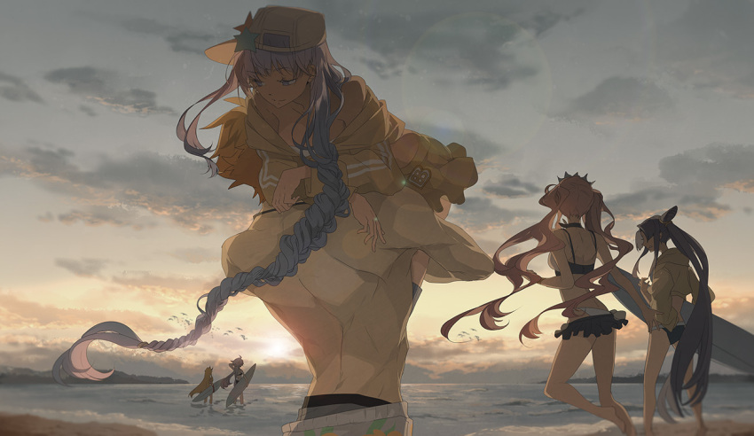 1boy 5girls ahoge animal bare_back bare_legs bare_shoulders barefoot bb_(fate) bb_(swimsuit_mooncancer)_(fate) bb_(swimsuit_mooncancer)_(first_ascension)_(fate) beach bikini bird black_hair blonde_hair braid braided_ponytail breasts cloud coat dusk fate/grand_order fate_(series) grey_hair hat holding holding_surfboard horns ibaraki_douji_(fate) ibaraki_douji_(swimsuit_lancer)_(fate) jeanne_d'arc_alter_(fate) jeanne_d'arc_alter_(swimsuit_berserker)_(fate) long_hair medb_(fate) medb_(swimsuit_saber)_(fate) medb_(swimsuit_saber)_(second_ascension)_(fate) mono_(freerotary) multiple_girls ocean oni_horns outdoors pink_hair ponytail purple_eyes purple_hair robin_hood_(fate) robin_hood_(summer_hunter)_(fate) short_hair shorts sitting sitting_on_person skirt sky surfboard swimsuit twintails ushiwakamaru_(fate) ushiwakamaru_(swimsuit_assassin)_(fate) ushiwakamaru_(swimsuit_assassin)_(first_ascension)_(fate)