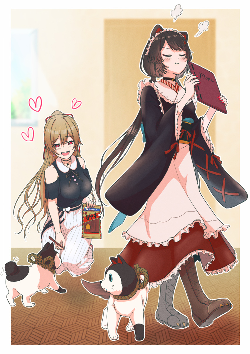 2girls animal_ears belt black_belt black_choker black_shirt blush boots breasts brown_footwear brown_hair brown_kimono canine choker closed_eyes clothing_cutout dog_ears frilled_kimono frills full_body furen_e_lustario furen_e_lustario_(2nd_costume) heart highres inui_toko inui_toko_(1st_costume) japanese_clothes kimono long_hair low_twintails maid_headdress makamu medium_breasts multiple_girls nijisanji obi pout sash shirt shoulder_cutout skirt twintails virtual_youtuber white_skirt