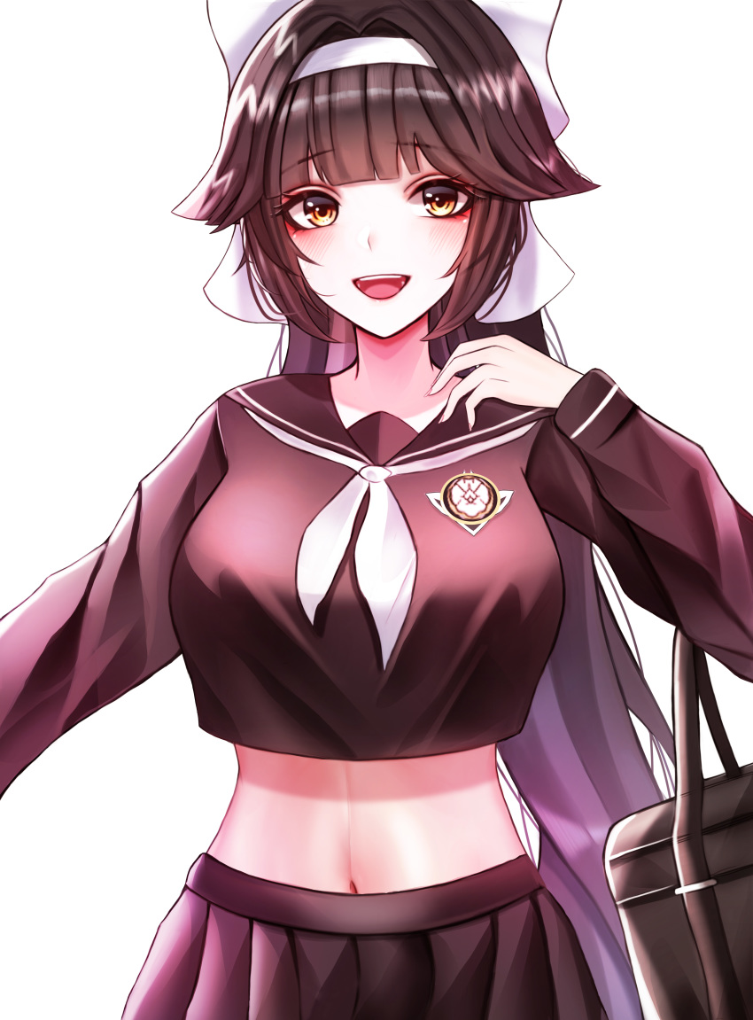 :d absurdres azur_lane bad_id bad_pixiv_id bag black_hair black_sailor_collar black_serafuku black_shirt black_skirt blunt_bangs blush bow breasts brown_eyes collarbone commentary cowboy_shot crop_top crop_top_overhang female ga_yeah hair_flaps hairband hairbow highres holding holding_bag large_breasts long_hair looking_at_viewer midriff navel neckerchief official_alternate_costume open_mouth photoshop_(medium) pleated_skirt ponytail sailor_collar school_uniform serafuku shirt sidelocks simple_background skirt smile solo standing takao_(azur_lane) takao_(school_romanza)_(azur_lane) teeth upper_teeth_only very_long_hair white_background white_bow white_hairband white_neckerchief