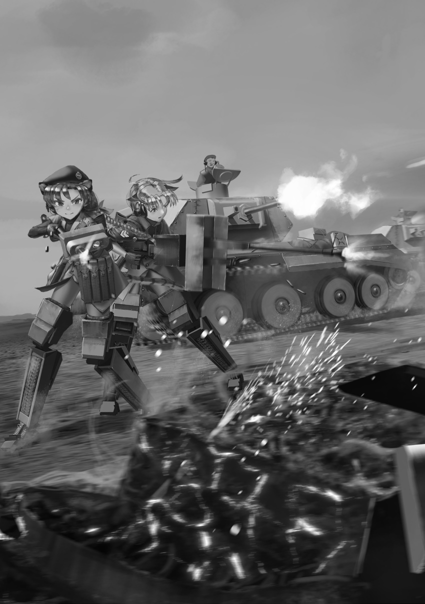 1boy 2girls absurdres animal_ears bad_id bad_pixiv_id braid braided_ponytail bullet caterpillar_tracks commentary_request cruiser_(tank) cruiser_mk.iv_a13 fighting_stance furukawa_herzer greyscale highres land_striker lea_leakey military military_vehicle millie_milligan monochrome motor_vehicle multiple_girls original short_hair strike_witches_(lionheart_witch) striker_unit tank world_witches_series