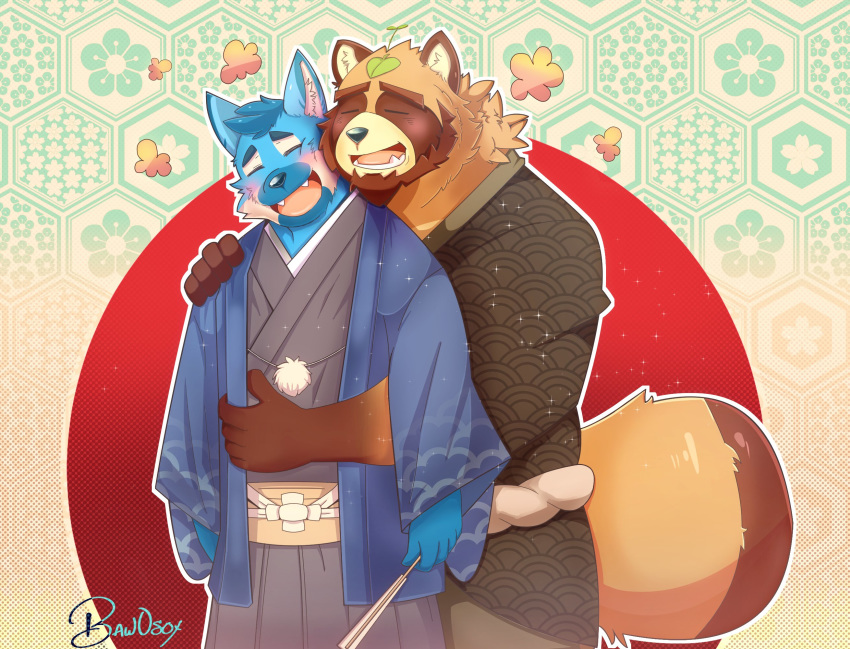 2020 anthro baw0sox blue_body blue_fur blush brown_body brown_fur canid canine closed_eyes clothing duo english_text fur hi_res hug hugging_another hugging_from_behind humanoid_hands leaf male mammal raccoon_dog robe tanuki text