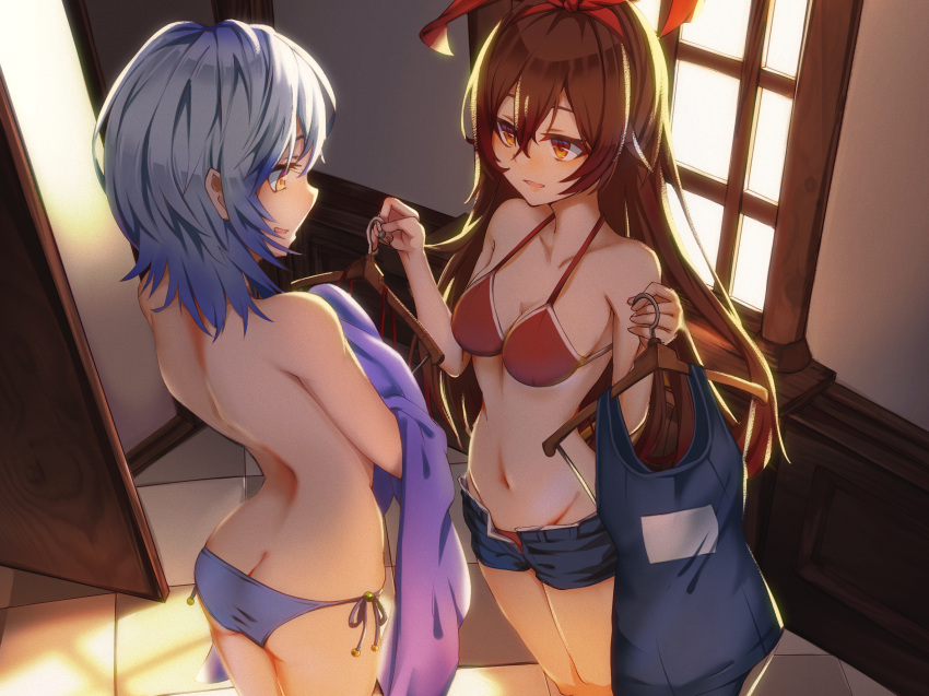 2girls amber_(genshin_impact) ass back bare_back bikini blue_hair blue_panties breasts brown_hair butt_crack cleavage clothes_hanger denim denim_shorts eula_(genshin_impact) fall4592 genshin_impact half-closed_eyes highres large_breasts medium_hair multiple_girls one-piece_swimsuit open_fly open_mouth panties red_bikini red_ribbon ribbon short_shorts shorts side-tie_panties smile standing swimsuit topless underwear window yellow_eyes