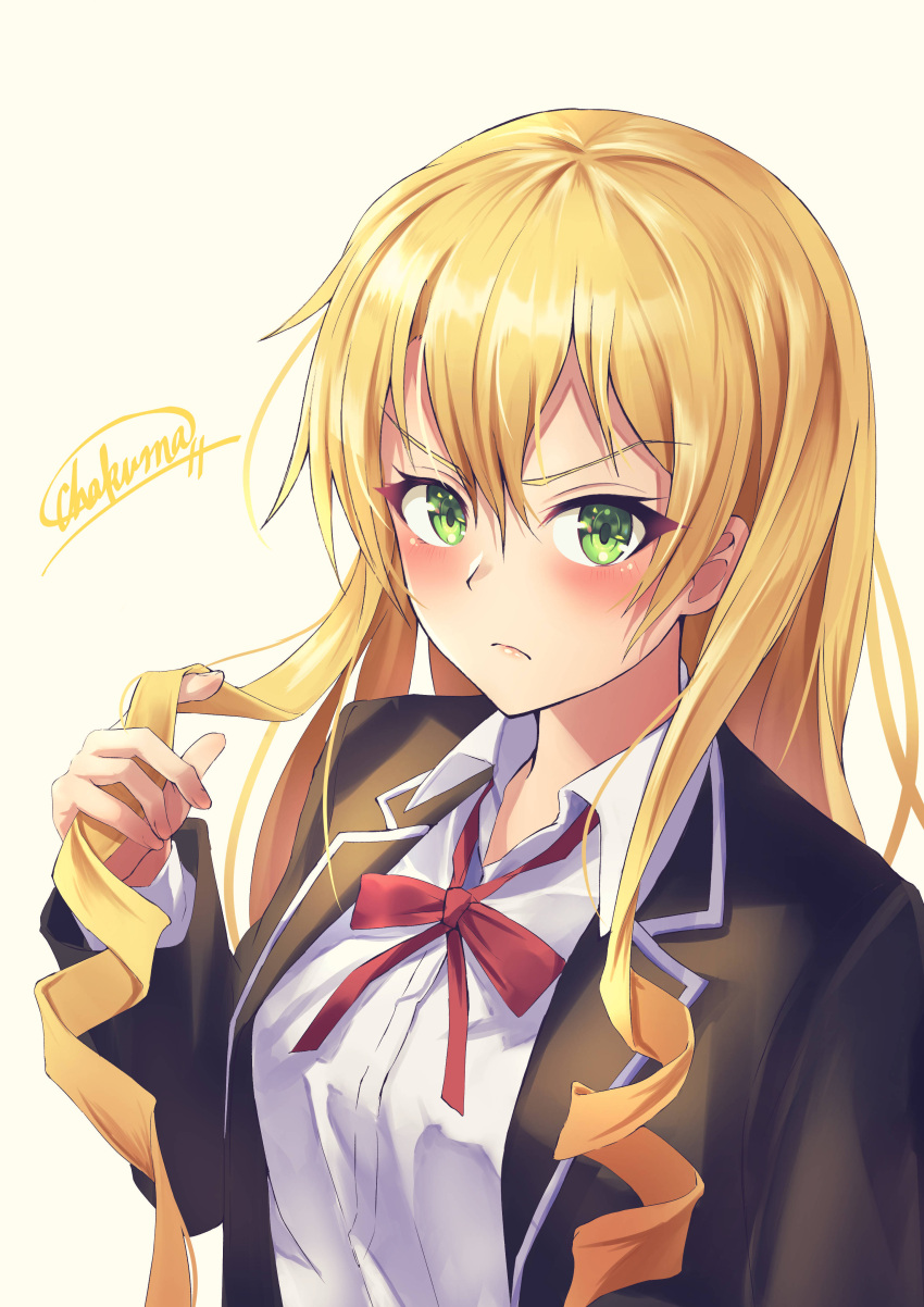 absurdres black_jacket blonde_hair chakuma_(yiyh1468) closed_mouth collared_shirt dress_shirt drill_hair female frown green_eyes hair_between_eyes hand_in_own_hair highres holding holding_own_hair jacket long_hair long_sleeves miura_yumiko neck_ribbon open_clothes open_jacket red_ribbon ribbon school_uniform shirt signature simple_background sobu_high_school_uniform solo standing twirling_hair upper_body v-shaped_eyebrows very_long_hair white_background white_shirt wing_collar yahari_ore_no_seishun_lovecome_wa_machigatteiru.