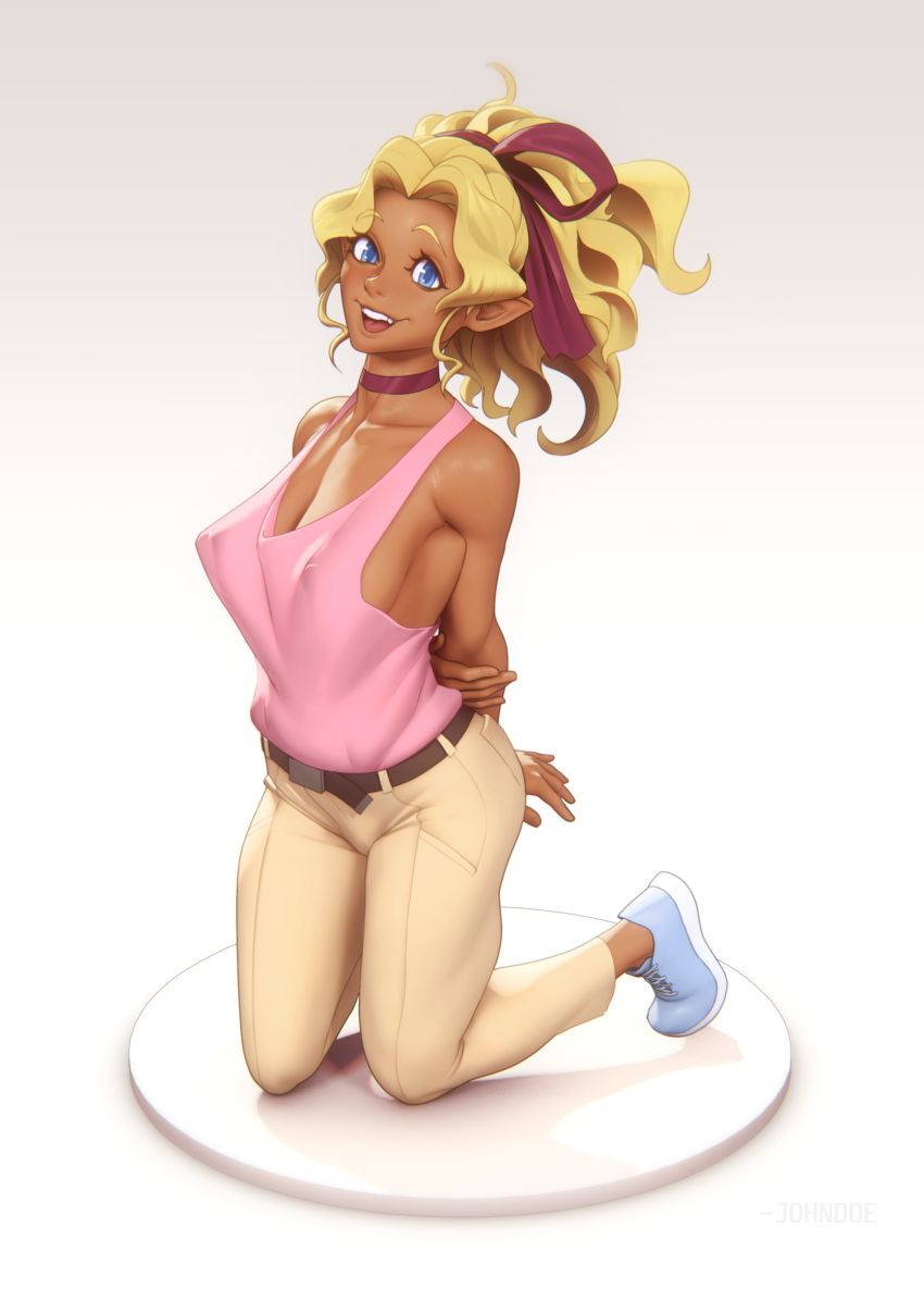 absurdres arms_behind_back belt blonde_hair blue_eyes blue_footwear breasts casual choker cleavage collarbone covered_nipples curtained_hair dark-skinned_female dark_skin female full_body hair_ribbon highres holding_own_arm john_doe_(jdart) kneeling kuramitsu_mihoshi large_breasts long_hair looking_at_viewer no_bra nose pants perky_breasts pink_tank_top pointy_ears red_choker red_ribbon ribbon shoes sideboob sneakers solo tank_top teeth tenchi_muyou! upper_teeth_only variant_set wavy_hair