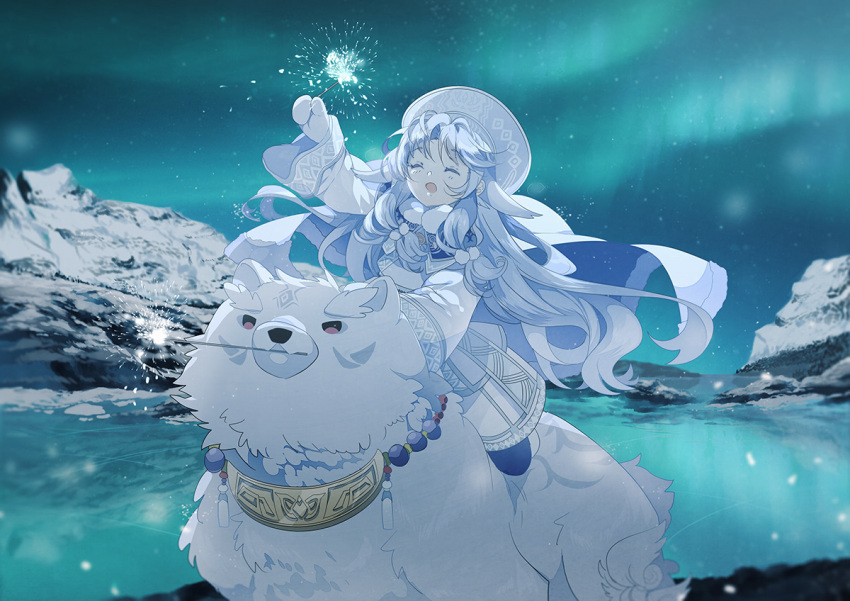 animal_ears aurora bear closed_eyes coat fate/grand_order fate_(series) female fireworks gloves hat holding ice jewelry long_hair mono_(freerotary) mountain necklace open_mouth riding riding_bear shirou_(bear)_(fate) sitonai_(fate) sitonai_(third_ascension)_(fate) smile snow white_gloves white_hair white_headwear winter_clothes winter_coat