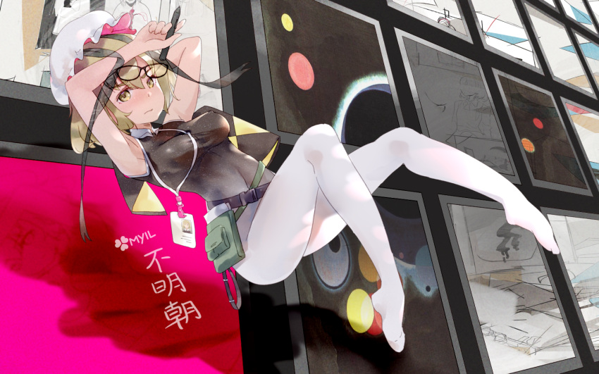 armpits arms_up black_shirt blonde_hair breasts closed_mouth commentary_request cookie_(touhou) fairyfloss female full_body fumei_(cookie) hair_between_eyes hat holding holding_pen lanyard legs looking_at_viewer maribel_hearn medium_breasts mob_cap no_shoes painting_(object) pantyhose pen shirt short_hair solo touhou white_hat white_pantyhose