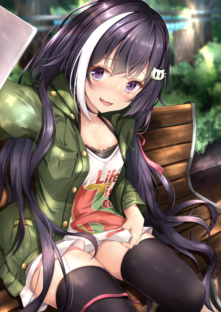 :3 absurdres bench black_hair black_thighhighs blurry blurry_background blush breasts camisole cellphone cleavage clothes_writing collarbone commentary_request feet_out_of_frame female green_jacket hair_ornament hairclip highres holding holding_phone jacket karyl_(princess_connect!) karyl_(real)_(princess_connect!) long_hair long_sleeves looking_at_viewer multicolored_hair oerba_yun_fang open_mouth outdoors outstretched_arm phone princess_connect! purple_eyes rumiko_(rmeco) selfie shirt shirt_hold sitting skin_fang smartphone solo streaked_hair thighhighs very_long_hair white_shirt zettai_ryouiki