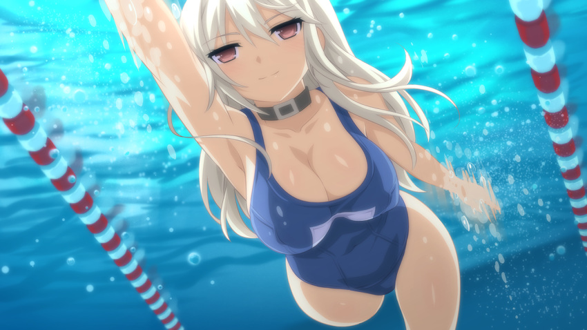 air_bubble arm_at_side armpits black_collar blue_one-piece_swimsuit blush breasts bubble cleavage closed_mouth collar collarbone double-parted_bangs dutch_angle female from_below game_cg hair_between_eyes half-closed_eyes hiromi_(sakura_swim_club) lane_line large_breasts long_hair motion_blur name_tag non-web_source old_school_swimsuit one-piece_swimsuit outstretched_arm pool red_eyes sakura_swim_club school_swimsuit smile solo swimming swimsuit underwater wanaca water white_hair