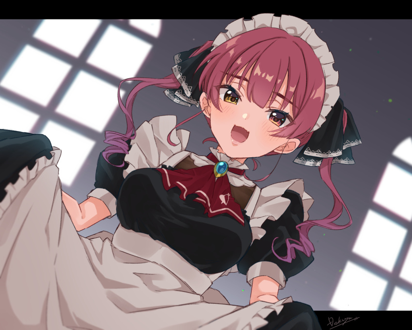 alternate_costume apron ascot black_dress black_ribbon breasts brooch chromatic_aberration commentary_request dakuryuu dress enmaided female frilled_apron frills hair_ribbon heterochromia highres hololive houshou_marine indoors jewelry large_breasts letterboxed long_hair looking_at_viewer maid maid_apron maid_headdress oerba_yun_fang open_mouth puffy_short_sleeves puffy_sleeves red_ascot red_eyes red_hair ribbon shadow short_sleeves sidelocks signature skin_fang solo twintails virtual_youtuber waist_apron white_apron yellow_eyes