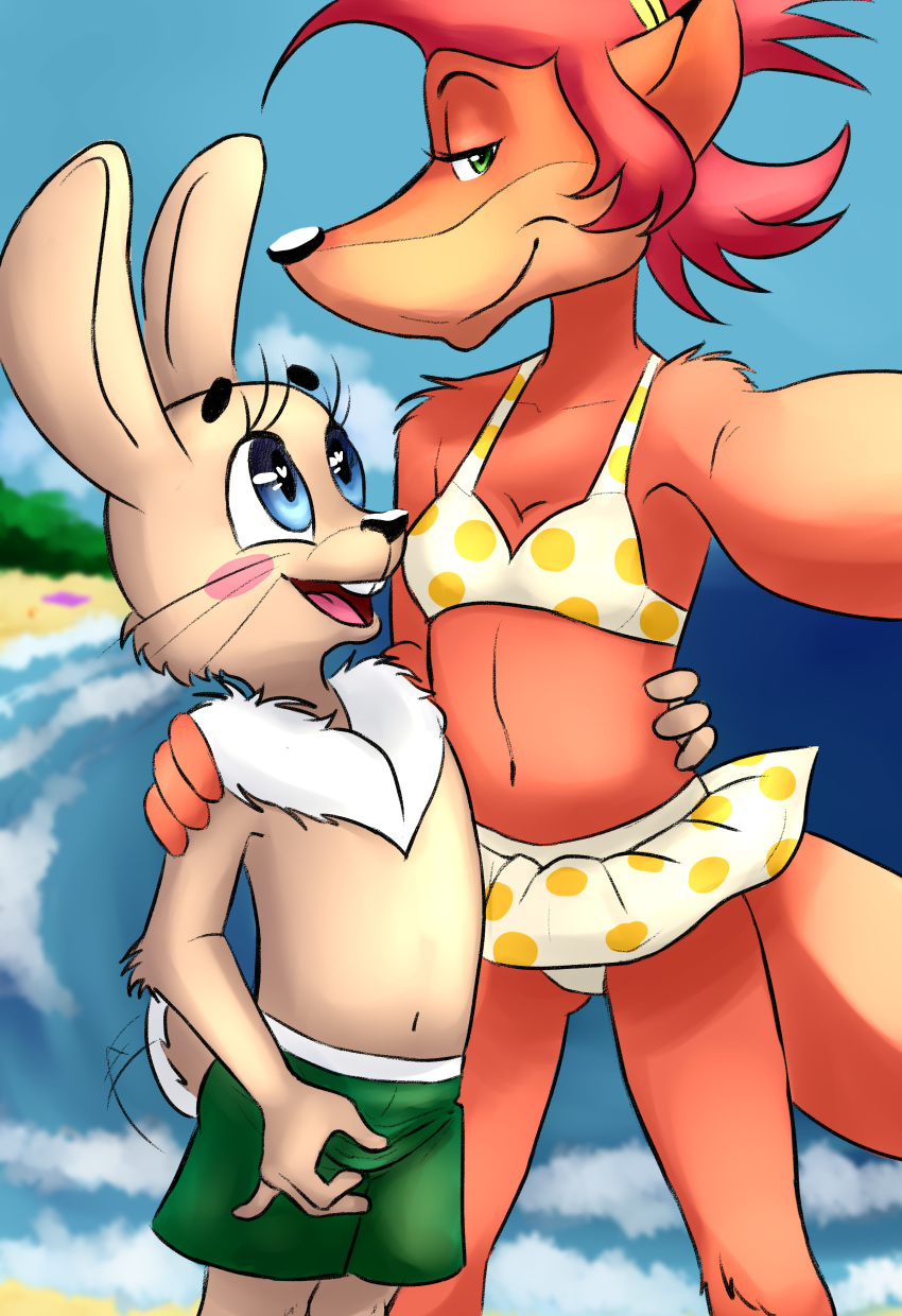 absurd_res anthro beach black_nose blue_eyes blush bottomwear bra breasts canid canine clothing duo female fox fur green_eyes hair half-closed_eyes hare heart_symbol hi_res lagomorph leporid lisa_(wjyw) looking_at_viewer luna_golubaya male mammal narrowed_eyes navel open_mouth red_hair russian sea seaside selfie shorts size_difference small_breasts smile soyuzmultfilm swimming swimming_trunks swimwear tan_body tan_fur tuft underwear water well_just_you_wait! young zayats_(wjyw)