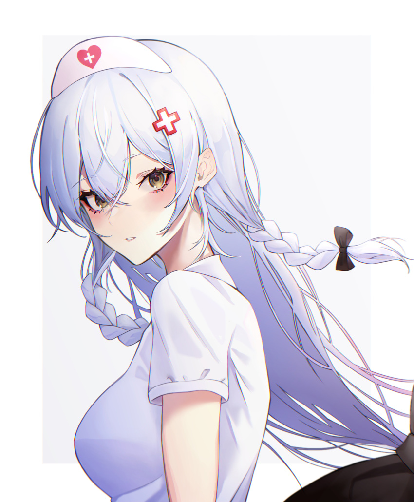 absurdres azur_lane black_bow blush border bow braid breasts brown_eyes chromatic_aberration collared_dress commentary_request crossed_bangs dress female floating_hair from_side grey_background hair_between_eyes hair_ornament hairbow hat hermione_(azur_lane) hermione_(pure_white_angel)_(azur_lane) highres kabi_(zcwd8845) long_hair looking_at_viewer looking_to_the_side medium_breasts nurse nurse_cap outside_border parted_lips short_sleeves solo twin_braids upper_body white_border white_dress white_hair white_hat x_hair_ornament