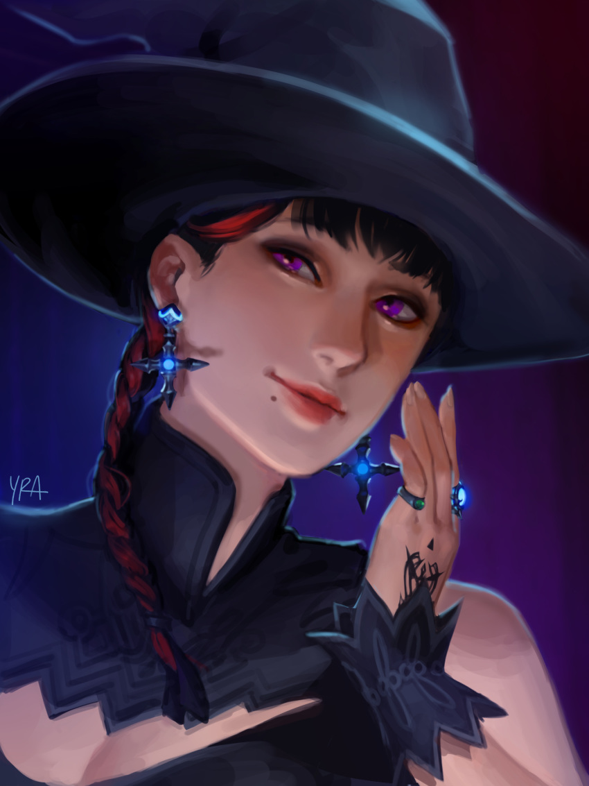 bangs black_hair black_mage breasts cleavage cleavage_cutout earrings female final_fantasy final_fantasy_xiv gradient gradient_background hat highres hyur jewelry lips medium_breasts mole mole_under_mouth multicolored_hair purple_eyes red_hair ring signature sleeveless solo tattoo two-tone_hair witch_hat wrist_cuffs yra