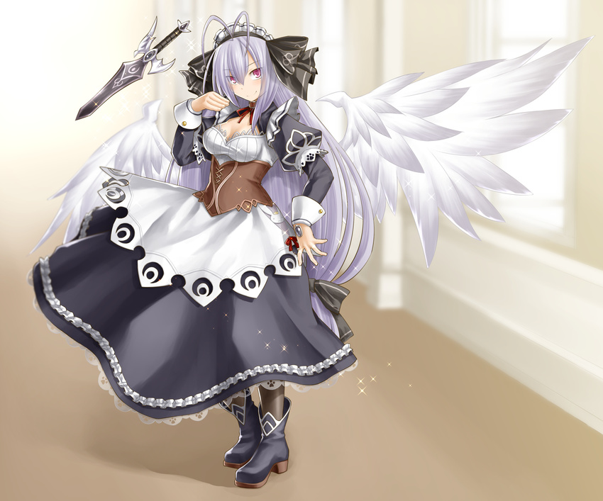 ankle_boots antenna_hair apron bad_id bad_pixiv_id black_legwear blush boots breasts cleavage collar commentary_request corset emil_chronicle_online feathered_wings female floating floating_object floating_sword floating_weapon full_body gem hair_over_one_eye hair_ribbon highres juliet_sleeves kasuga_yukihito light_purple_hair long_hair long_sleeves looking_at_viewer low-tied_long_hair maid maid_apron maid_headdress medium_breasts mitama_kyrie pink_eyes puffy_sleeves ribbon short_sword smile solo sword very_long_hair weapon white_wings wings wrist_cuffs