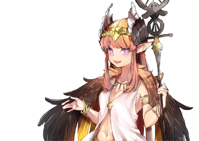 bare_shoulders bird_wings blue_eyes blush bracelet brown_wings circe_(fate) circlet commentary_request fate/grand_order fate_(series) feathered_wings female flat_chest gold head_wings highres himey holding holding_staff jewelry long_hair looking_at_viewer navel necklace open_mouth pink_hair pointy_ears solo staff upper_body white_background wings