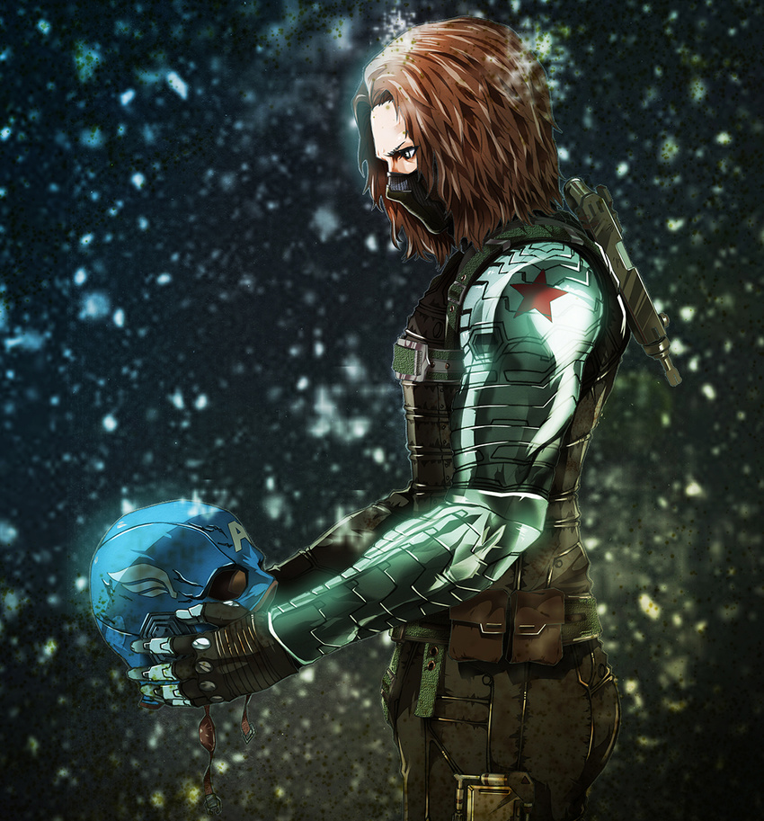 1boy animification brown_hair captain_america:_the_winter_soldier captain_america_(series) chinese_commentary commentary_request cyborg helmet holding holding_helmet james_buchanan_barnes male_focus marvel marvel_cinematic_universe mask mechanical_arms mouth_mask photoshop_(medium) single_mechanical_arm snowing solo tooot winter_soldier