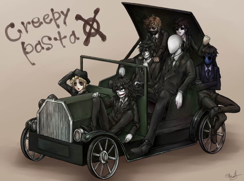 6+boys bad_id bad_pixiv_id ben_drowned black_sclera business_suit car colored_sclera crazy_eyes creepypasta equala evil_smile eyeless_jack faceless formal glasses highres jeff_the_killer laughing_jack mask masky motor_vehicle multiple_boys slender_man smile suit ticci_toby vehicle_focus