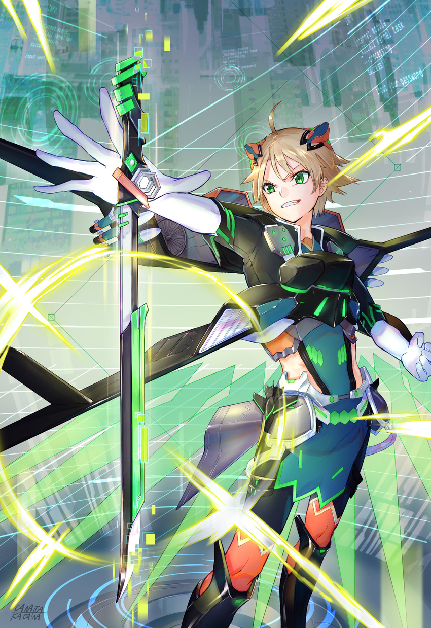 1boy ahoge artist_name blonde_hair canata_katana commentary_request gloves green_eyes highres katana male_focus mecha_danshi original smile solo sword weapon white_gloves