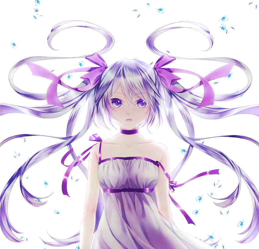 choker collarbone commentary_request dress female grey_hair hair_ribbon hatsune_miku highres long_hair looking_at_viewer off_shoulder open_mouth pink_ribbon purple_eyes purple_ribbon ribbon ribbon_choker sakurai_sakurako simple_background sleeveless sleeveless_dress solo upper_body very_long_hair vocaloid white_background white_dress