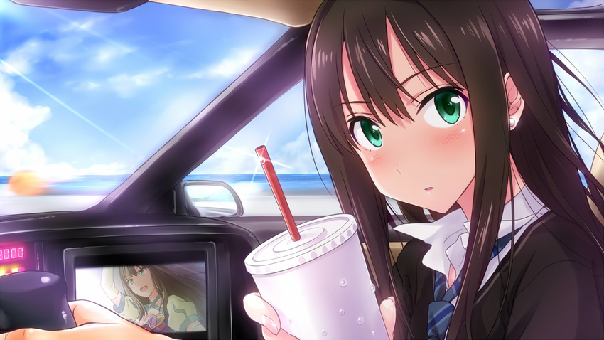 black_hair car car_interior commentary_request drink earrings female green_eyes highres idolmaster idolmaster_cinderella_girls jewelry k.i.t.t knight_2000 knight_rider long_hair looking_at_viewer motor_vehicle necktie sakura_(k_tonpu) school_uniform shibuya_rin