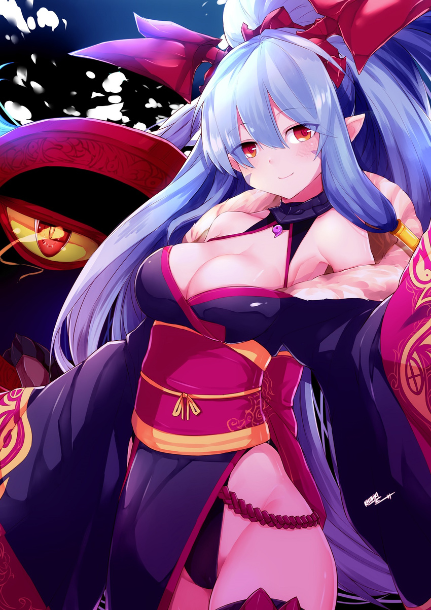 blue_hair breasts cameltoe cleavage commentary_request dragon_girl facial_mark female fur_trim hair_ornament hair_tubes highres japanese_clothes khibiki kimono large_breasts leotard long_hair looking_at_viewer magatama md5_mismatch nobunaga_(p&d) obi photoshop_(medium) pointy_ears ponytail puzzle_&_dragons red_eyes sash satsuki_(p&d) sidelocks signature smile solo thighhighs very_long_hair wide_sleeves yellow_eyes