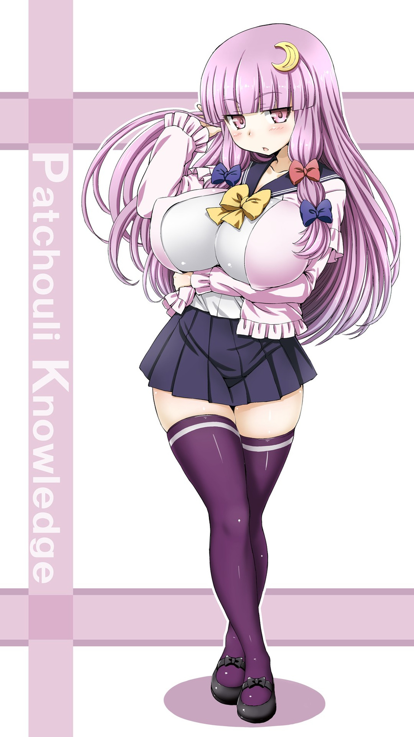 alternate_costume aru_ra_une blush bow breasts character_name commentary_request contemporary covered_nipples crescent crescent_hair_ornament female hair_ornament hairbow highres huge_breasts long_hair looking_at_viewer miniskirt patchouli_knowledge perky_breasts puffy_nipples purple_eyes purple_hair purple_thighhighs school_uniform skirt solo standing thighhighs touhou zettai_ryouiki