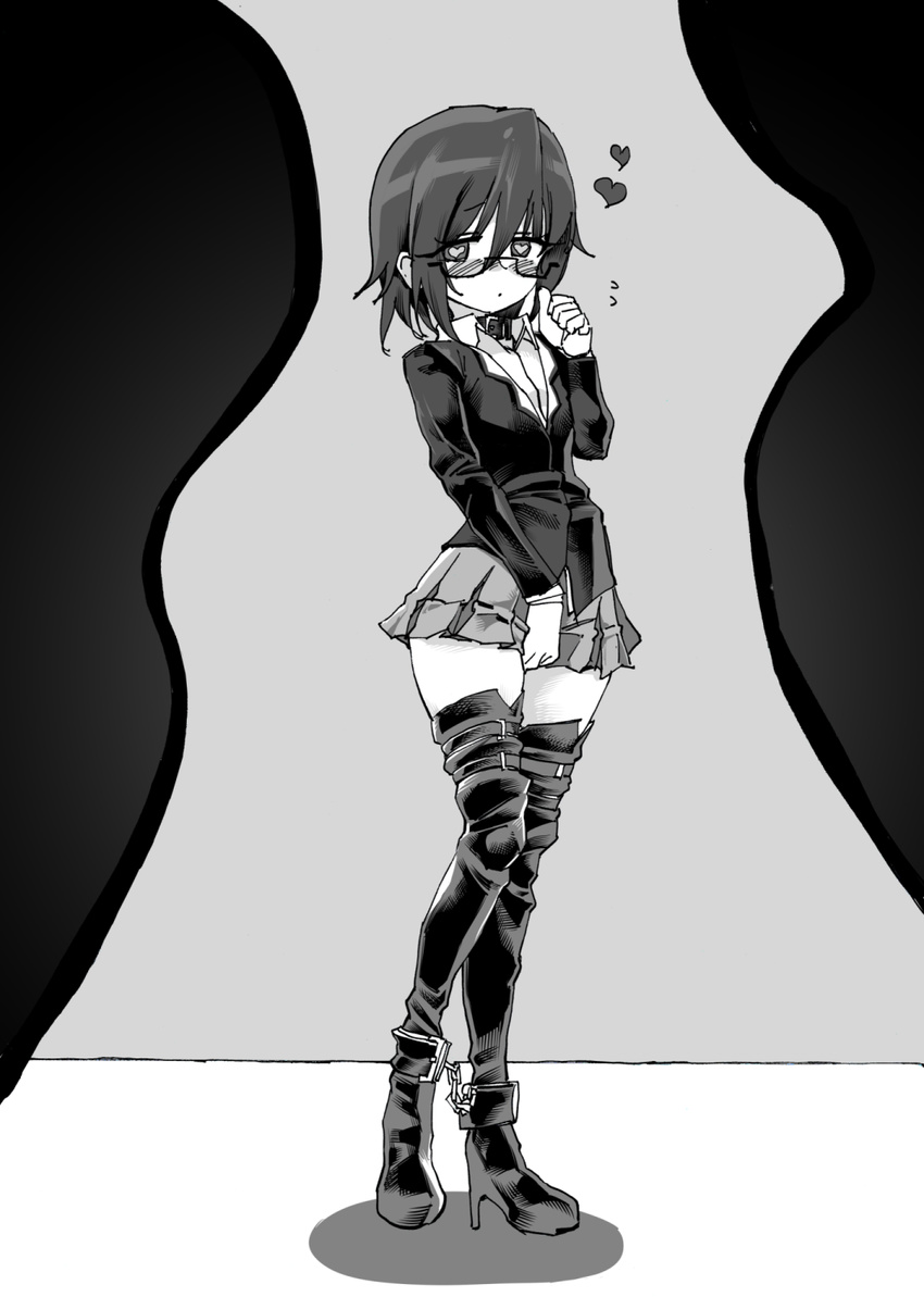 bondage bondage boots bound bound_ankles commentary female full_body glasses greyscale heart heart-shaped_pupils high_heels highres kinbakuman m-chan_(kinbakuman) monochrome original school_uniform self_bondage skirt solo standing symbol-shaped_pupils thigh_boots thighhighs