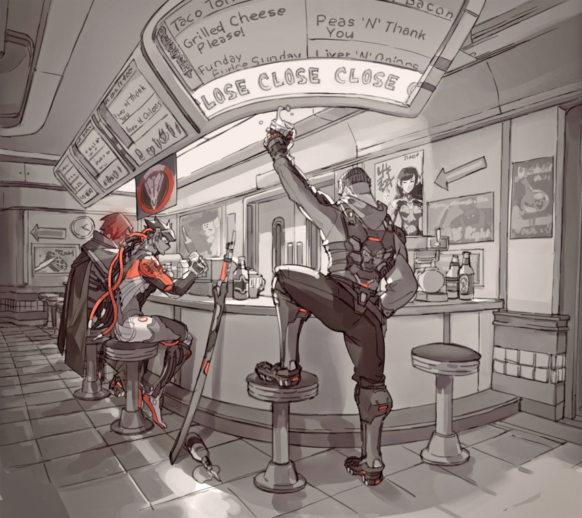 3boys aged_down bad_id bad_twitter_id bar_stool blackwatch_(overwatch) blackwatch_cassidy blackwatch_genji blackwatch_reyes bottle brown_hair cape cassidy_(overwatch) clock commentary cup cyborg d.va_(overwatch) diner english_commentary genji_(overwatch) hat highres honey_bee_(bancoth) indoors male_focus menu_board multiple_boys overwatch overwatch_1 poster_(object) reaper_(overwatch) restaurant route_66_(overwatch) sitting spill stool sword tile_floor tiles weapon