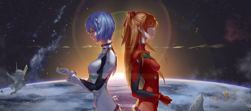 2girls absurdres ayanami_rei backlighting blue_eyes blue_hair bodysuit breasts clenched_teeth commentary_request debris earth_(planet) headgear highres interface_headset lens_flare long_hair looking_afar multiple_girls neon_genesis_evangelion orange_hair parted_lips photoshop_(medium) planet plugsuit red_bodysuit red_eyes short_hair skin_tight small_breasts souryuu_asuka_langley space sun sunlight takamitsu-kun teeth two_side_up upper_body white_bodysuit