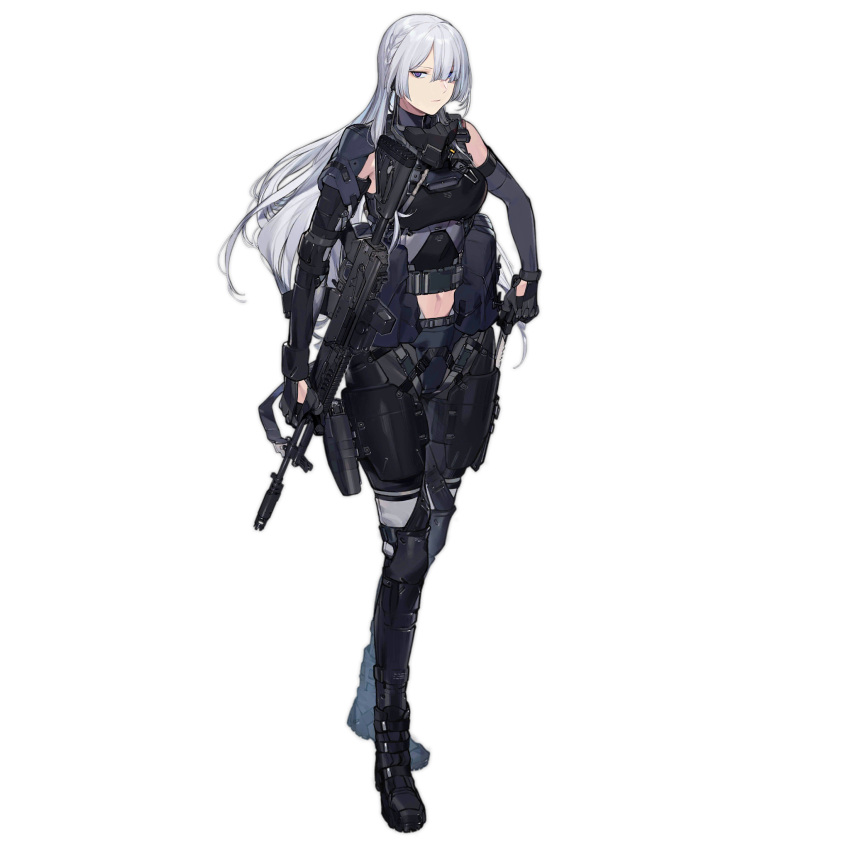 ak-15 ak-15_(girls'_frontline) armor assault_rifle boots braid breasts buckle closed_mouth crop_top duoyuanjun female full_body girls'_frontline grey_hair gun hair_over_one_eye handgun highres holding holding_gun holding_weapon holster holstered kalashnikov_rifle long_hair navel official_art pouch purple_eyes rifle solo standing tactical_clothes transparent_background weapon