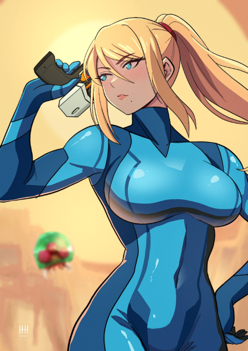 blonde_hair blue_bodysuit blue_eyes blush bodysuit breasts closed_mouth covered_navel cowboy_shot female gloves gun hair_between_eyes handgun high_ponytail highres holding holding_gun holding_weapon ihsnet impossible_clothes large_breasts lips long_hair looking_at_viewer metroid metroid_(creature) nintendo ponytail samus_aran sidelocks skin_tight solo weapon zero_suit