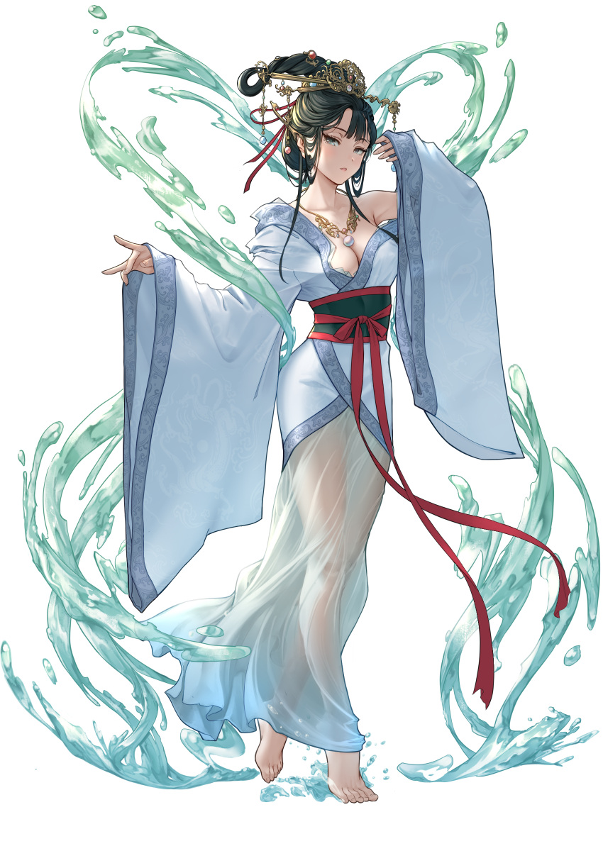 absurdres amiba_(nerdamiba) bare_shoulders barefoot black_hair blue_hanfu breasts chinese_clothes chinese_hairpin chinese_mythology cleavage female full_body hair_ornament hair_ribbon hanfu highres jewelry looking_at_viewer luoshen medium_breasts necklace off_shoulder original parted_lips red_ribbon ribbon see-through see-through_skirt simple_background single_bare_shoulder skirt solo splashing standing transparent_background water wide_sleeves