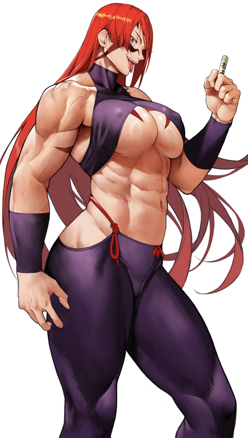 abs absurdres bare_shoulders biceps black_pants body_markings breasts collarbone facepaint female fuuma_kotarou_(tenkaichi) halterneck highres large_breasts long_hair looking_at_viewer multicolored_hair muscular muscular_female navel open_mouth pants red_eyes red_hair revealing_clothes simple_background smile solo tattoo tenkaichi_nihon_saikyou_bugeisha_ketteisen thick_thighs thighs tongue tongue_out underboob white_background wristband yoshio_(55level)