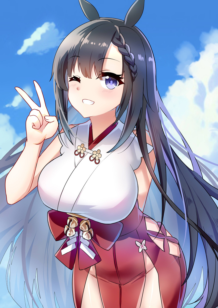 absurdres akusamu animal_ears arm_behind_back azur_lane bare_shoulders bell black_hair blue_eyes blue_sky braid breasts cloud cloudy_sky daisen_(azur_lane) female grin groin hakama hand_up highres horse_ears horse_girl japanese_clothes jingle_bell kimono large_breasts light_blush long_hair nontraditional_miko one_eye_closed open_mouth outdoors red_hakama side_slit sky smile solo v very_long_hair white_kimono