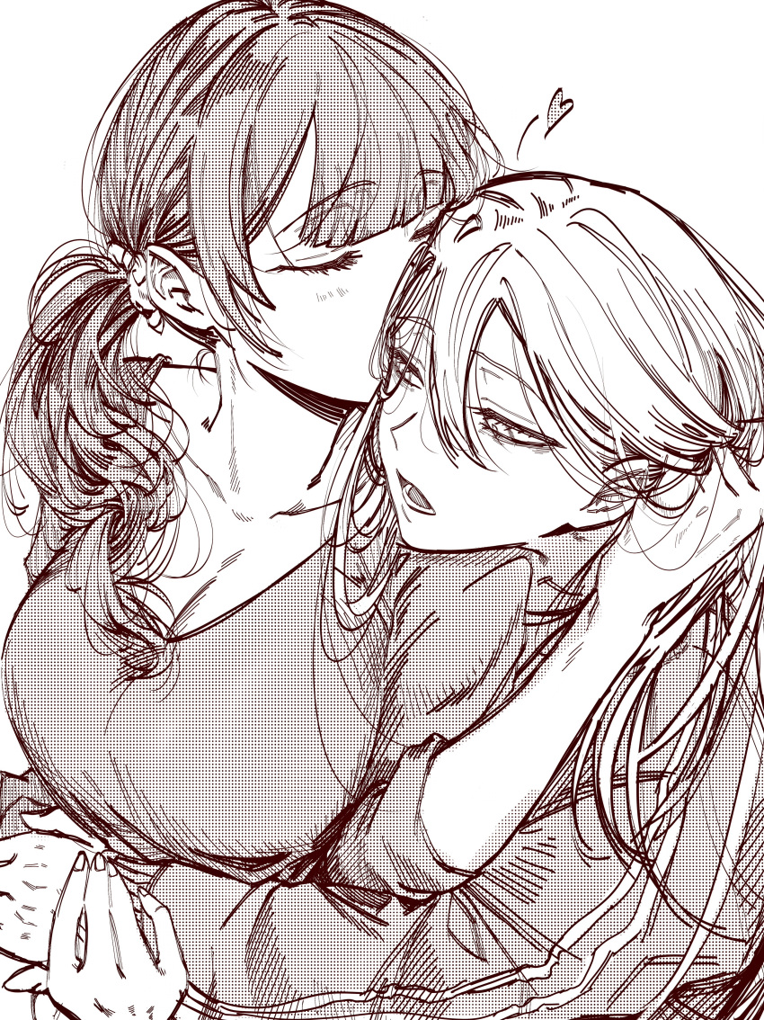 2girls absurdres blunt_bangs breasts cleavage closed_eyes collarbone greyscale hair_between_eyes hand_in_another's_hair head_rest heart highres hug hug_from_behind jacket kissing kissing_ear large_breasts long_hair long_sleeves mochizuki_honami monochrome multiple_girls open_mouth project_sekai short_hair side_ponytail sleeves_pushed_up standing track_jacket upper_body xxxoff yoisaki_kanade yuri