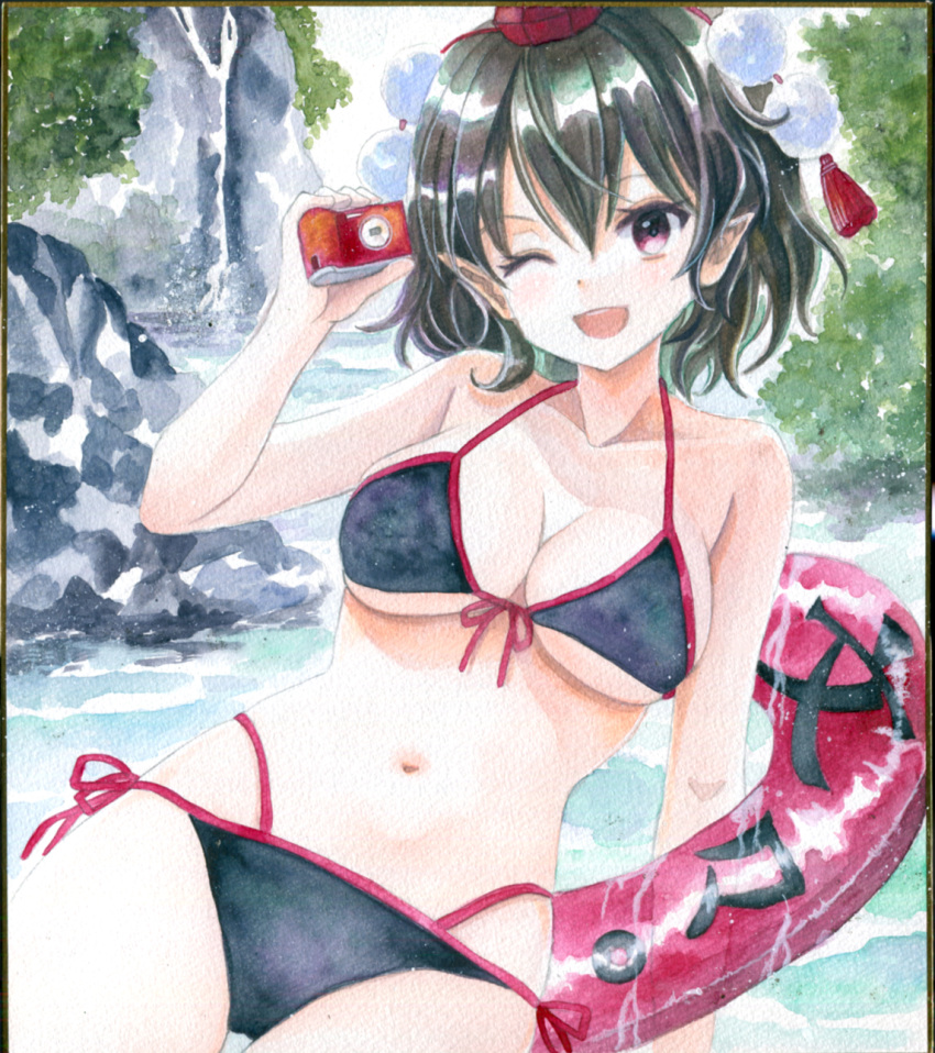 :d bikini black_bikini black_hair breasts camera cleavage collarbone commentary_request day front-tie_bikini_top front-tie_top hajike_akira hat highres holding holding_camera lake medium_breasts navel one_eye_closed outdoors pointy_ears pom_pom_(clothes) red_eyes red_hat red_ribbon ribbon rock shameimaru_aya side-tie_bikini_bottom smile swimsuit tassel tokin_hat touhou traditional_media translation_request tree underboob