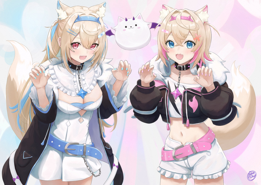 2girls :d amano_kusatsu animal_collar animal_ear_fluff animal_ears bandaid bandaid_hair_ornament belt black_collar black_jacket blonde_hair blue_belt blue_eyes blue_hair blue_hairband blue_nails breasts center_frills claw_pose cleavage cleavage_cutout clothing_cutout collar commentary_request cropped_jacket cropped_shirt crossed_bangs cutout_above_navel detached_collar dog_ears dog_girl dog_tail double-parted_bangs dress extra_ears fake_horns frilled_shirt_collar frilled_shorts frills fur-trimmed_jacket fur_trim fuwawa_abyssgard fuwawa_abyssgard_(1st_costume) hair_between_eyes hair_intakes hair_ornament hairband hairclip hands_up headphones headphones_around_neck highres hololive hololive_english horns jacket knees_out_of_frame large_breasts long_hair long_sleeves looking_at_viewer midriff mococo_abyssgard multicolored_hair multiple_girls navel oerba_yun_fang perroccino_(fuwamoco) pink_belt pink_eyes pink_hair pink_hairband print_shirt puffy_long_sleeves puffy_sleeves shirt short_dress short_hair short_shorts shorts siblings sisters skin_fang smile spiked_collar spikes standing straight-on streaked_hair tail twins two_side_up virtual_youtuber white_dress white_shirt white_shorts x_hair_ornament