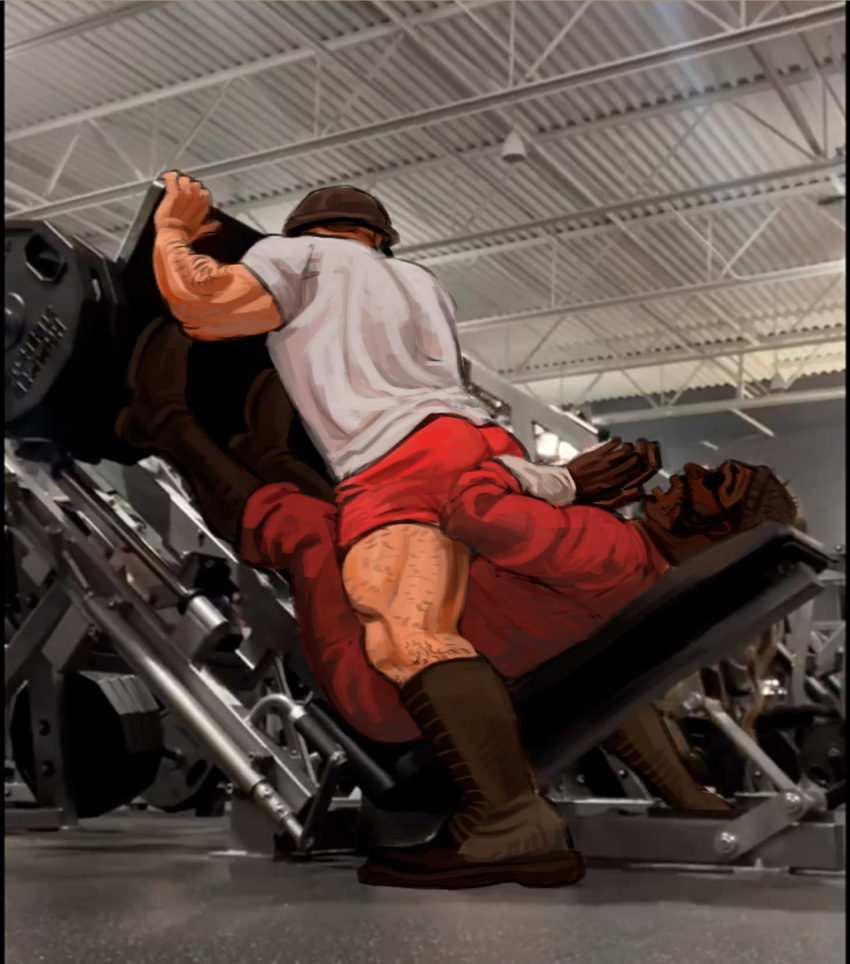 2boys ass bara boots character_request dark-skinned_male dark_skin exercise_machine gym helmet highres leg_press_machine male_focus meme multiple_boys muscular muscular_male photo_background putridmushroom red_soldier_(tf2) shirt short_shorts shorts soldier_(tf2) standing t-shirt team_fortress_2 the_world_needs_more_heroes_(meme) thick_arm_hair thick_leg_hair very_dark_skin yaoi