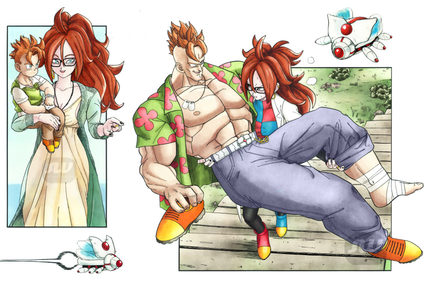 1boy android_16 android_21 bandaged_foot bandages black-framed_eyewear black_nails blue_eyes breasts carrying carrying_person cleavage denim dog_tags dragon_ball dragon_ball_fighterz dragon_ball_z dress earrings english_commentary female floral_print from_above gevo_(dragon_ball) glasses gold_earrings green_sweater_vest highres hoop_earrings injury jeans jewelry lab_coat long_hair looking_at_another messy_hair mohawk mother_and_son muscular muscular_male open_clothes open_mouth open_shirt orange_hair pants pointing ponytail red_hair robot shoes silverwoodwork single_shoe size_difference stairs sweat sweater_vest vomi_(dragon_ball)