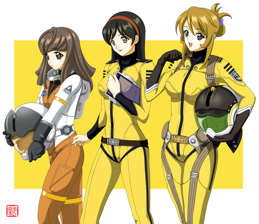 3girls ahoge black_eyes black_hair blonde_hair bodysuit brown_eyes brown_hair commentary_request geitassha helmet long_hair military military_uniform misaki_yuria mori_yuki multiple_girls photoshop_(medium) pilot_suit saijou_miki science_fiction spacesuit uchuu_senkan_yamato uchuu_senkan_yamato_2199 uniform yellow_bodysuit