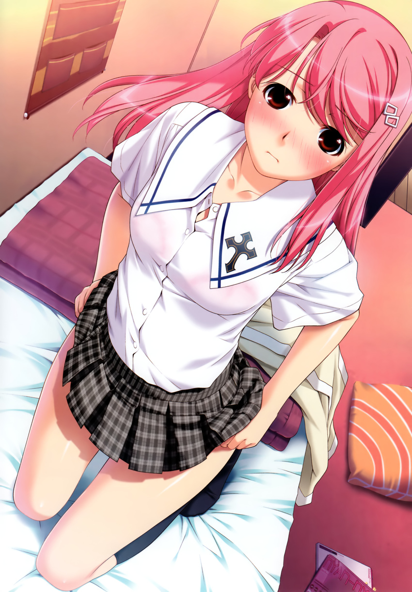 adjusting_panties blush bra brown_eyes clavicle from_above hairclip high_res ino kimihagu kneehighs kneeling lingerie long_hair looking_up pink_bra pink_hair school_uniform see_through shiina_kasumi skirt socks solo transparent_clothing undressing