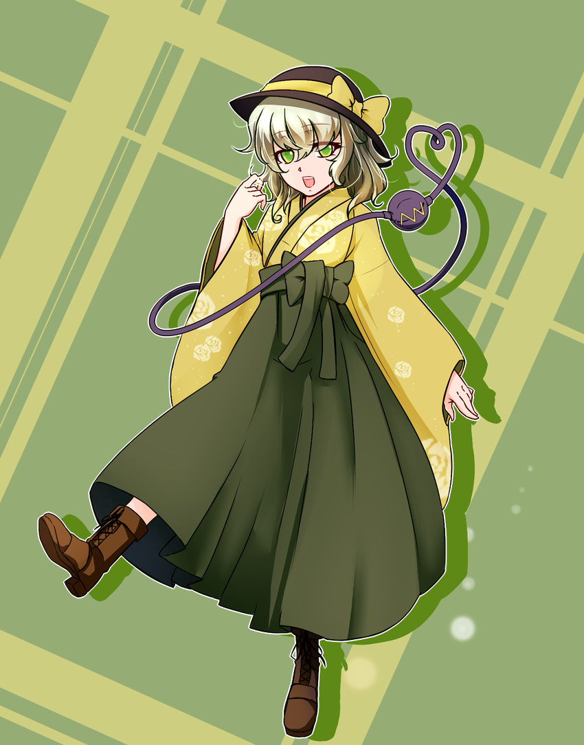 boots commentary_request cross-laced_footwear female green_eyes green_hair green_hakama hakama hakama_skirt hat highres itocoh japanese_clothes kimono komeiji_koishi lace-up_boots meiji_schoolgirl_uniform skirt touhou yellow_kimono