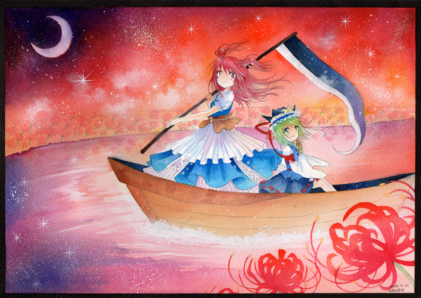 2girls black_border boat border commentary_request crescent_moon flower green_hair hair_bobbles hair_ornament hat moon mosho multiple_girls night onozuka_komachi painting_(medium) photoshop_(medium) red_flower red_hair rod_of_remorse sanzu_river shiki_eiki smile spider_lily star_(sky) touhou traditional_media twilight watercolor_(medium) watercraft