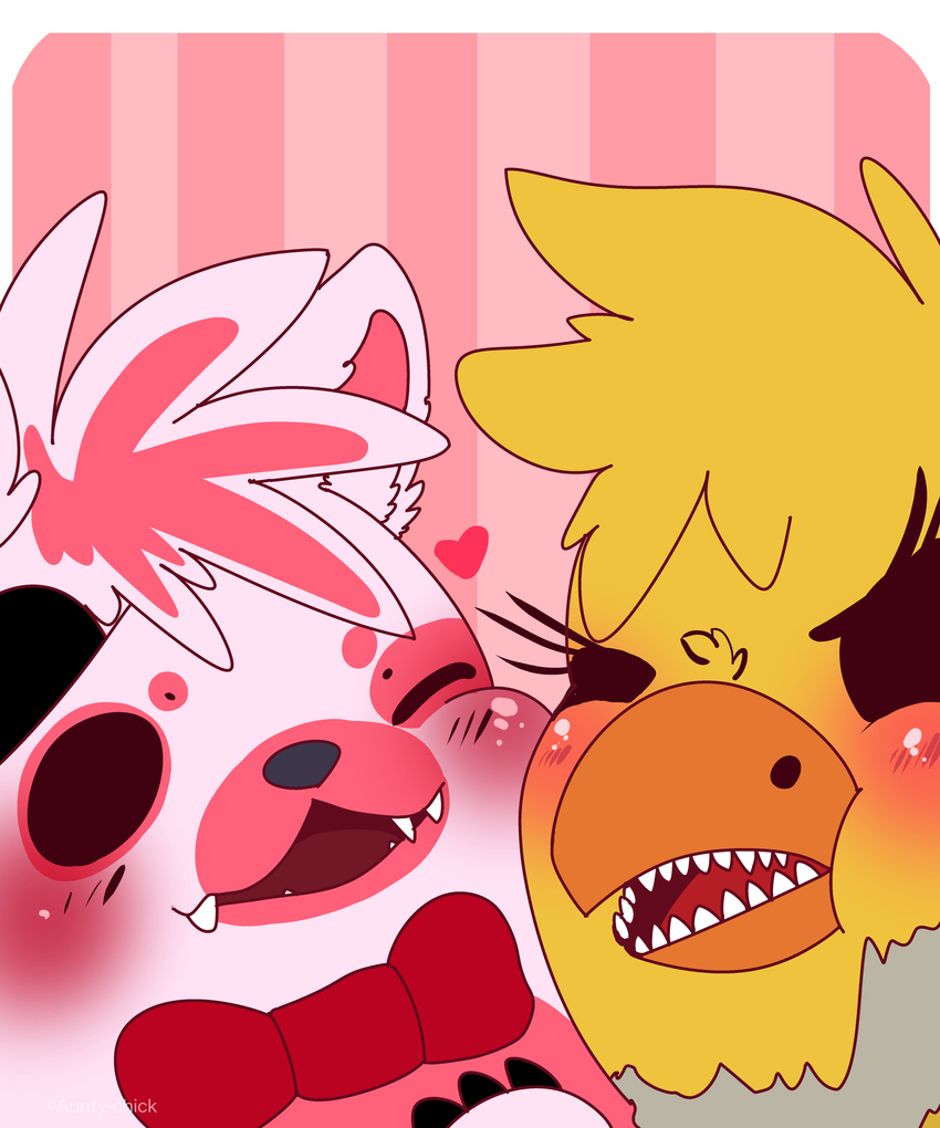 2018 absurd_res animatronic avian bird blush bow_(feature) bow_tie canid canine chicken digital_media_(artwork) duo eyelashes female feral five_nights_at_freddy's five_nights_at_freddy's_4 fox fur galliform gallus_(genus) hair heart_symbol hi_res hiyoko machine male mammal nightmare_chica_(fnaf) nightmare_mangle_(fnaf) phasianid robot scottgames sharp_teeth smile teeth white_hair yellow_body yellow_fur