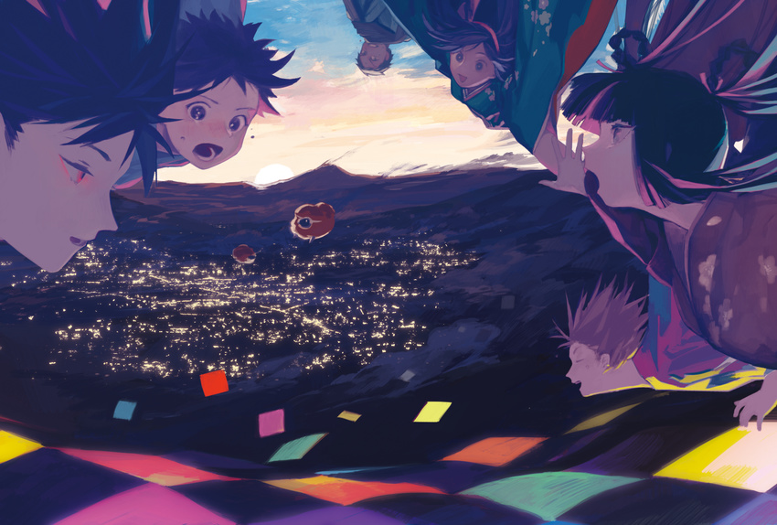 2girls 4boys bad_id bad_pixiv_id cityscape colorful falling highres japanese_clothes kimono landscape multiple_boys multiple_girls night original zipperradio