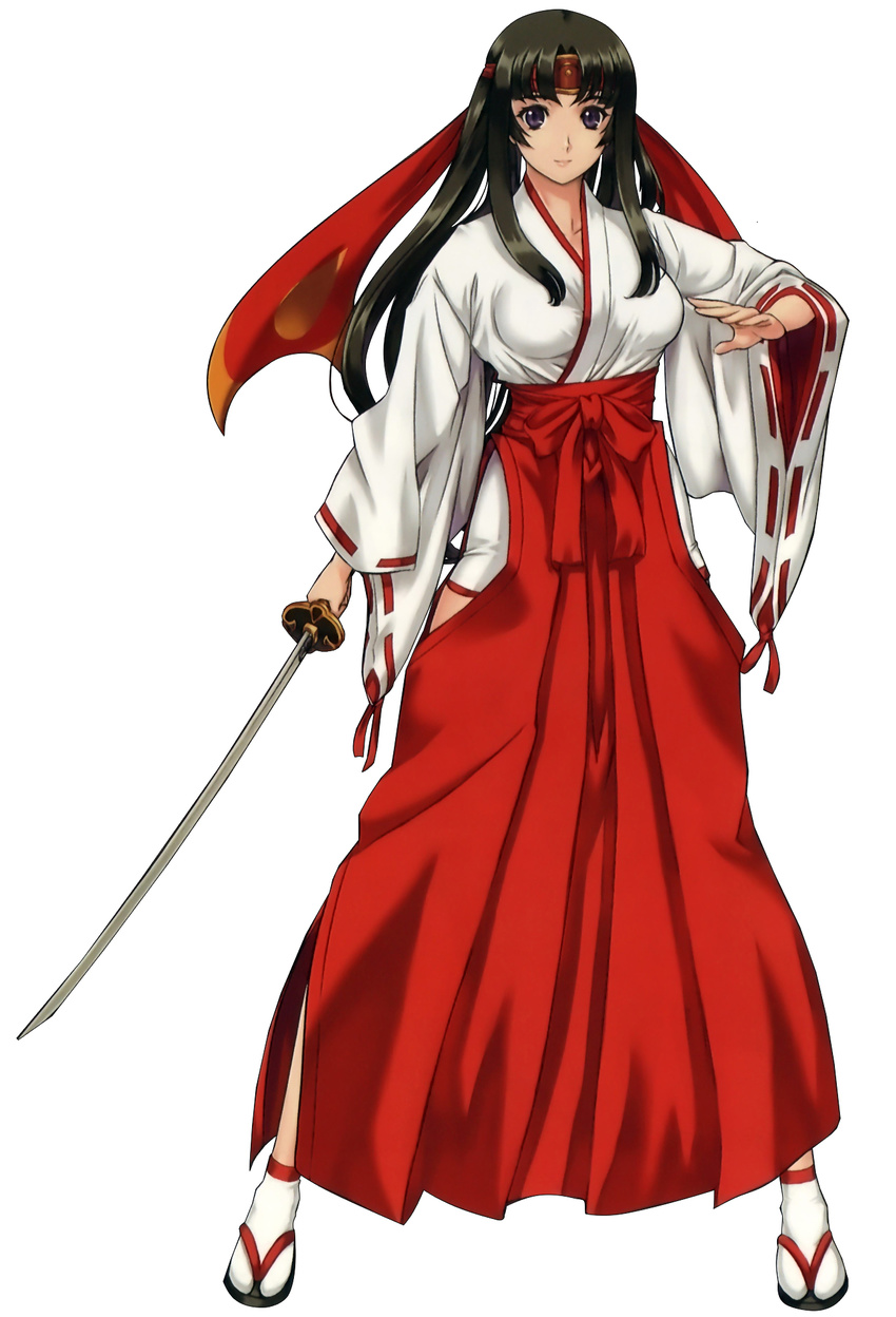 black_hair brown_eyes brown_hair female female headband holding holding_sword holding_weapon japanese_clothes long_hair long_sleeves looking_at_viewer low-tied_long_hair miko official_art queen's_blade sandals serious sheath solo sword tabi tied_hair tomoe transparent_background unsheathing very_long_hair weapon wide_sleeves