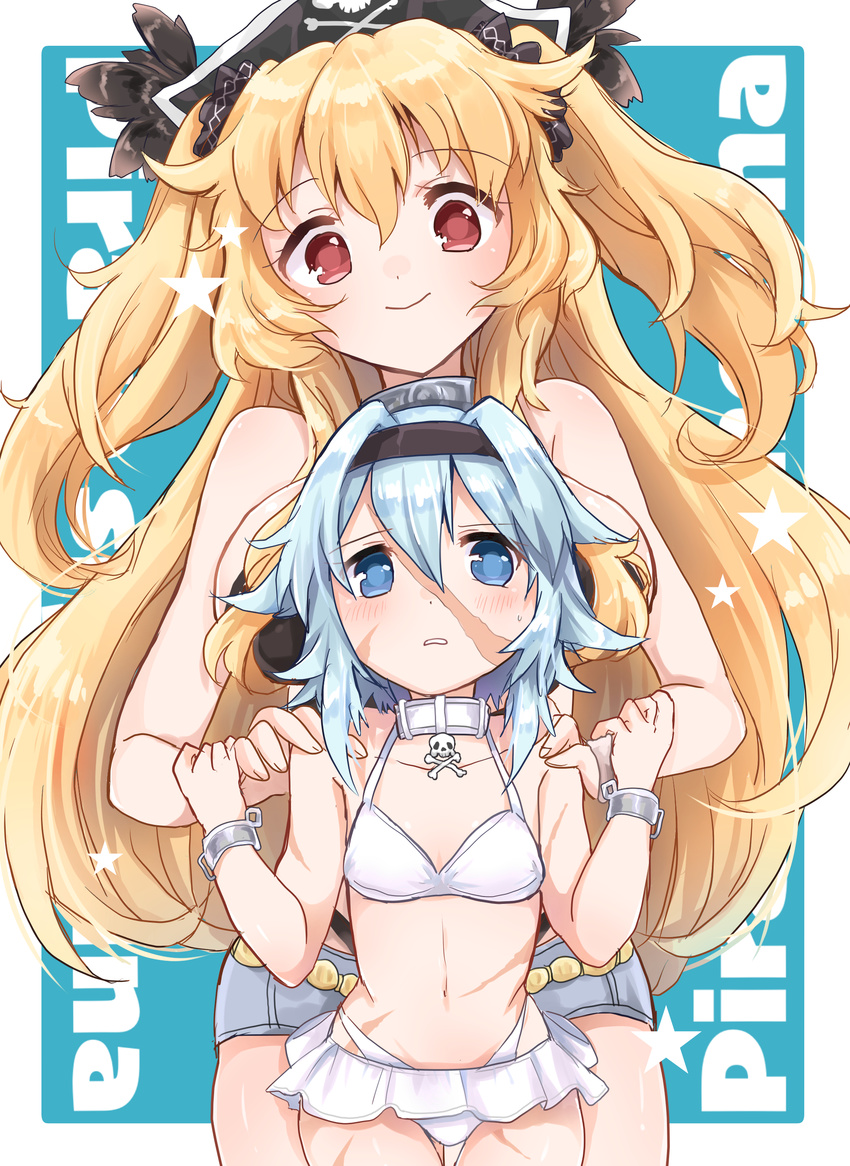 anne_bonny_(fate/grand_order) anne_bonny_(swimsuit_archer)_(fate) bare_shoulders bikini blonde_hair blue_eyes blue_hair blush breasts collar fate/grand_order fate_(series) hairband hat mary_read_(fate/grand_order) mary_read_(swimsuit_archer)_(fate) midriff navel red_eyes scar short_hair short_shorts shorts smile twintails very_long_hair