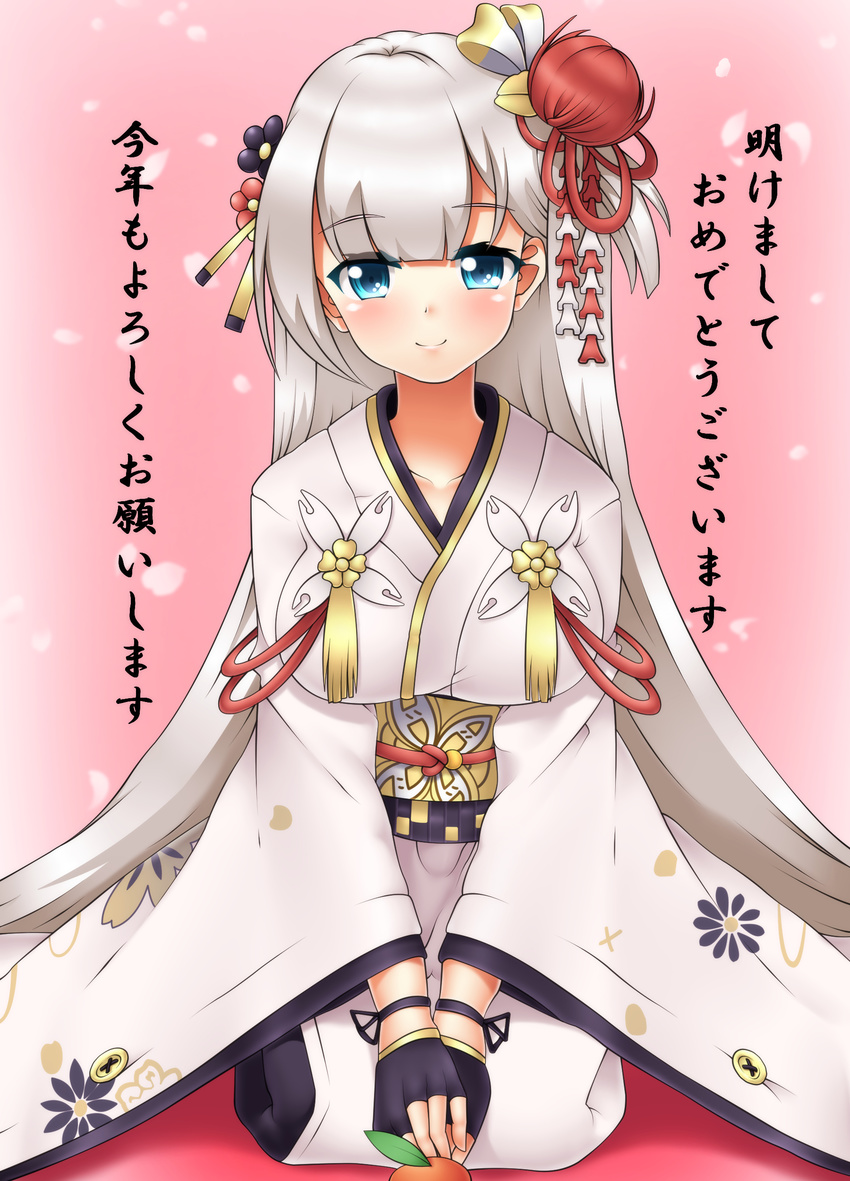 absurdres azur_lane black_gloves blue_eyes collarbone commentary_request derivative_work female fingerless_gloves food fruit gloves grey_hair hair_ornament highres japanese_clothes kimono long_hair looking_at_viewer mandarin_orange new_year obi oooqqq petals sash seiza shoukaku_(azur_lane) sitting smile solo translated wide_sleeves