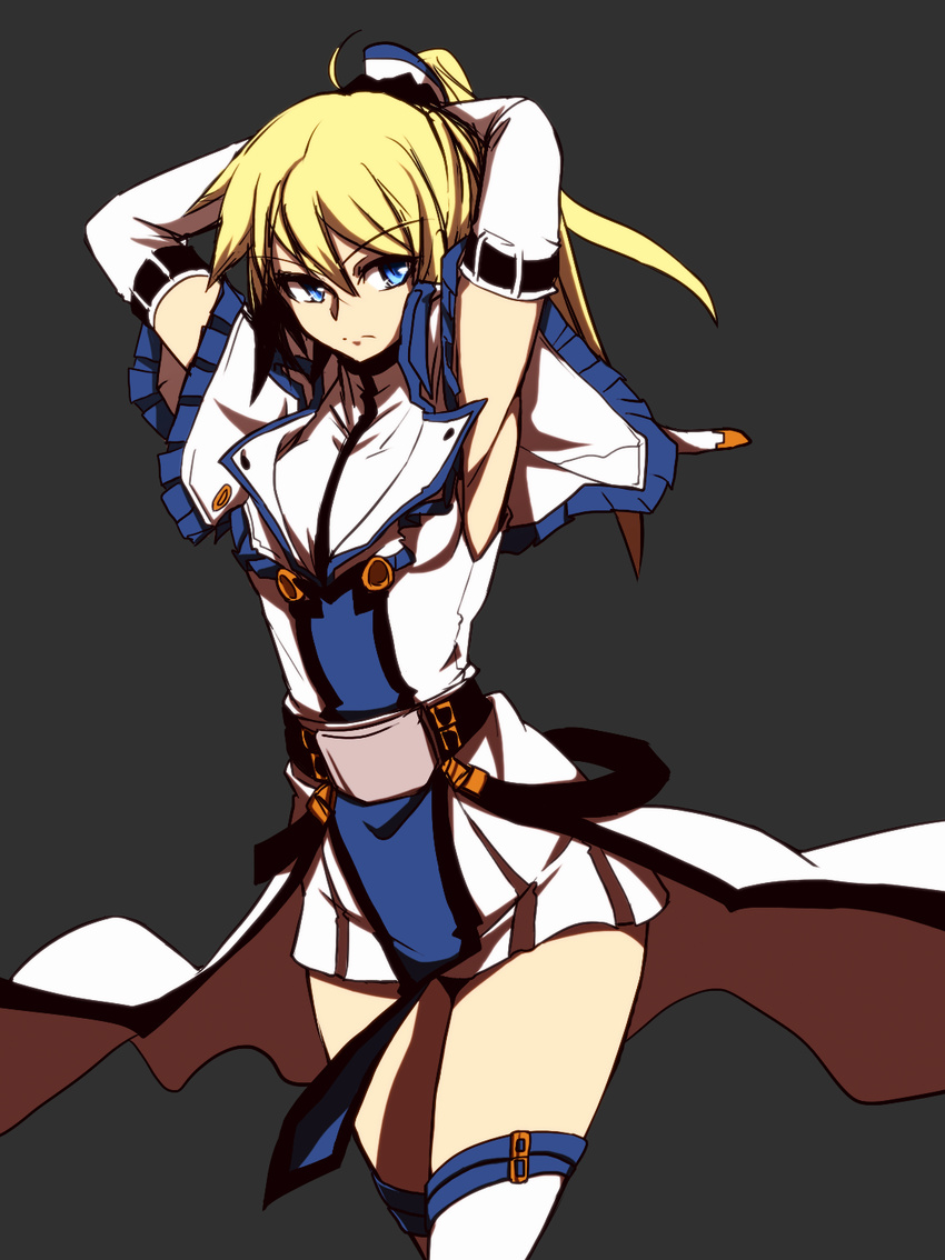 blonde_hair blue_eyes capelet commentary_request dress elbow_gloves female genderswap_(mtf) gloves guilty_gear guilty_gear_xrd highres ky_kiske kyko long_hair ponytail rule_63 ryuuri_(aoithigo) short_dress solo thighhighs white_thighhighs