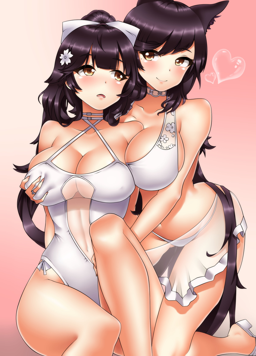 2girls absurdres animal_ears atago_(azur_lane) atago_(summer_march)_(azur_lane) azur_lane bikini black_hair bow breasts brown_eyes cherry_blossoms cleavage clothing_cutout collarbone commentary_request competition_swimsuit derivative_work fox_ears grabbing grabbing_from_behind hair_ribbon hairbow highres kneeling large_breasts multiple_girls navel navel_cutout official_alternate_costume one-piece_swimsuit oooqqq ponytail ribbon see-through sitting smile swimsuit takao_(azur_lane) takao_(beach_rhapsody)_(azur_lane) white_bikini white_one-piece_swimsuit yuri